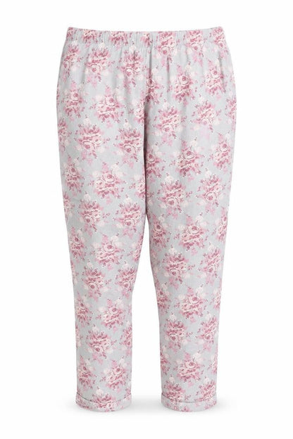 Front view of H&M women’s blue floral trousers, size L, 25-inch leg