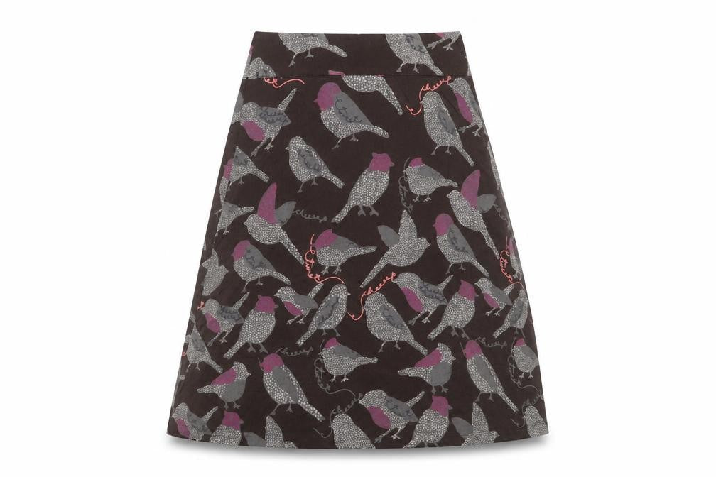 Front view of Preworn women’s brown a-line skirt, size UK 28, in - bird print