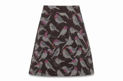 Front view of Preworn women’s brown a-line skirt, size UK 28, in - bird print