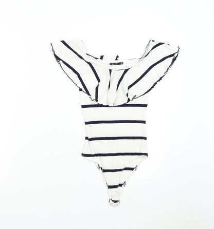 Bershka Womens White Striped  Bodysuit One-Piece Size S