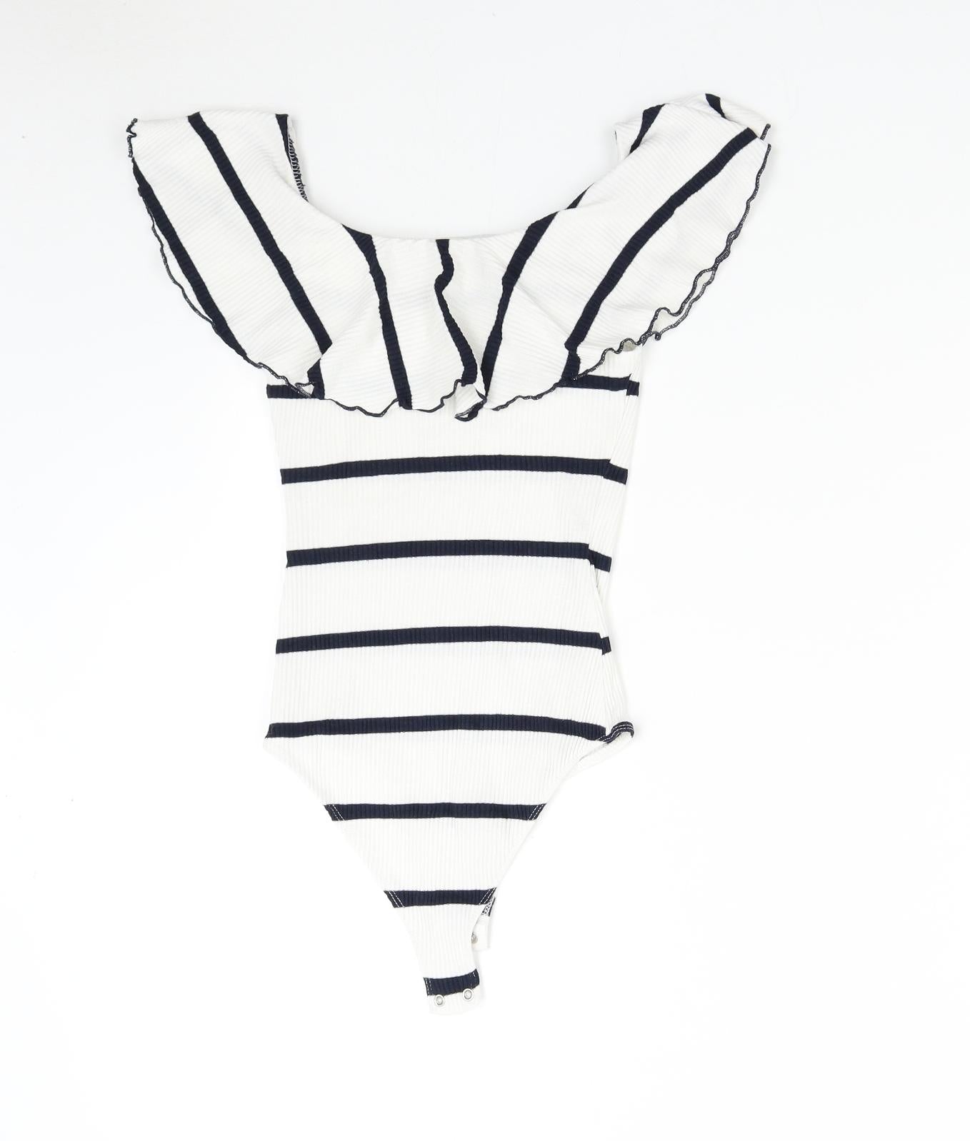 Bershka Womens White Striped  Bodysuit One-Piece Size S