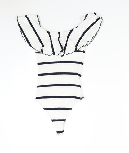 Bershka Womens White Striped  Bodysuit One-Piece Size S