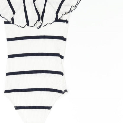 Bershka Womens White Striped  Bodysuit One-Piece Size S