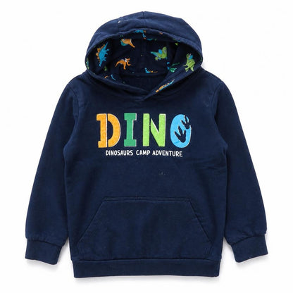 Front view of LC Waikiki boys’ blue pullover hoodie, size 5, years - dinosaur