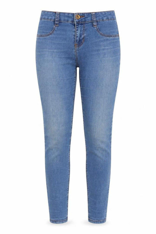 Front view of Pull&Bear women’s blue denim skinny jeans, size UK 8, 27-inch leg