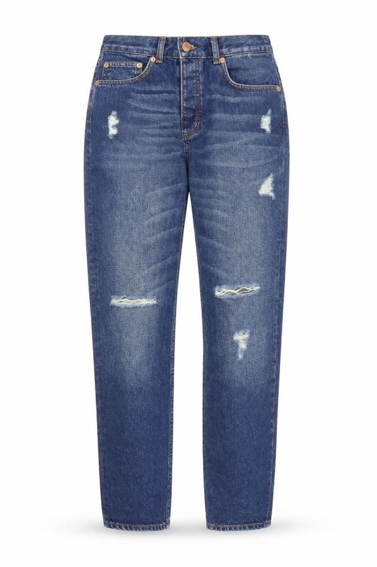 Front view of Monki women’s blue denim boyfriend jeans, size UK 26, in, 28-inch leg