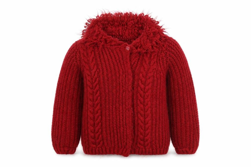 Front view of Strawberry Faire girls’ red cardigan jumper, size 4, years