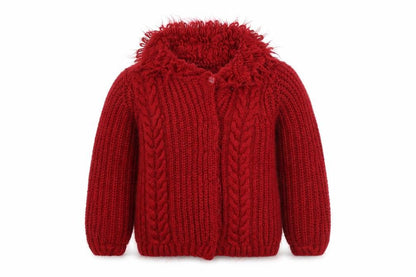 Front view of Strawberry Faire girls’ red cardigan jumper, size 4, years