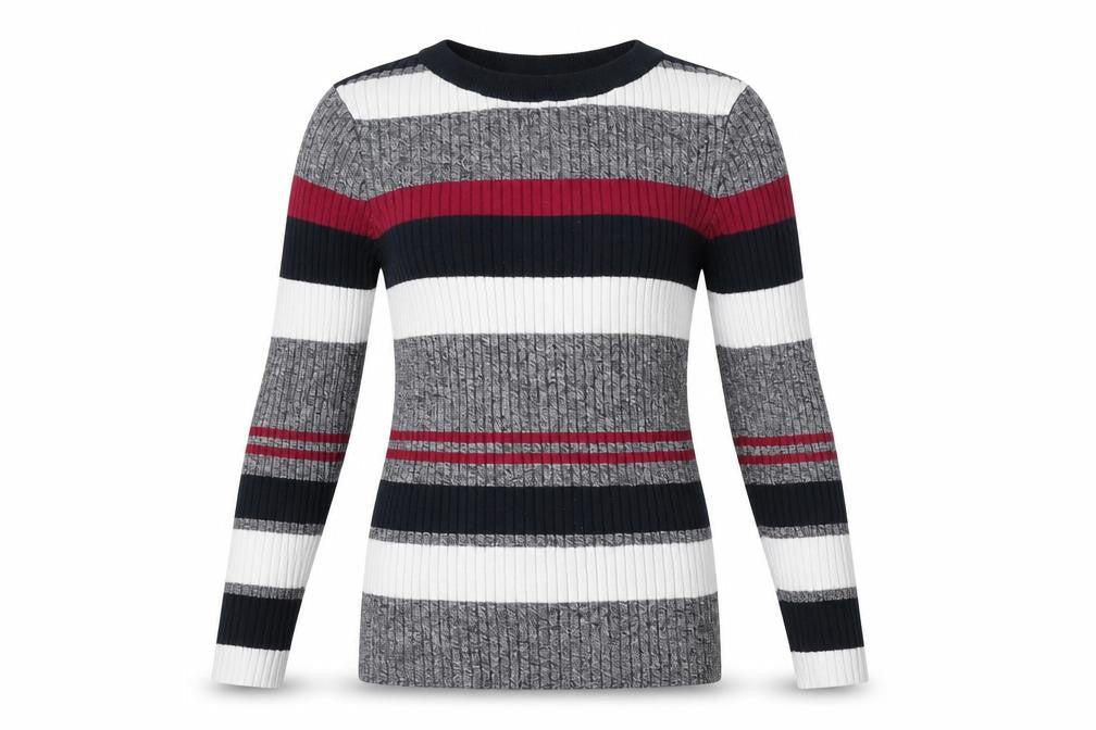 Front view of H&M girls’ grey striped jumper, size XS