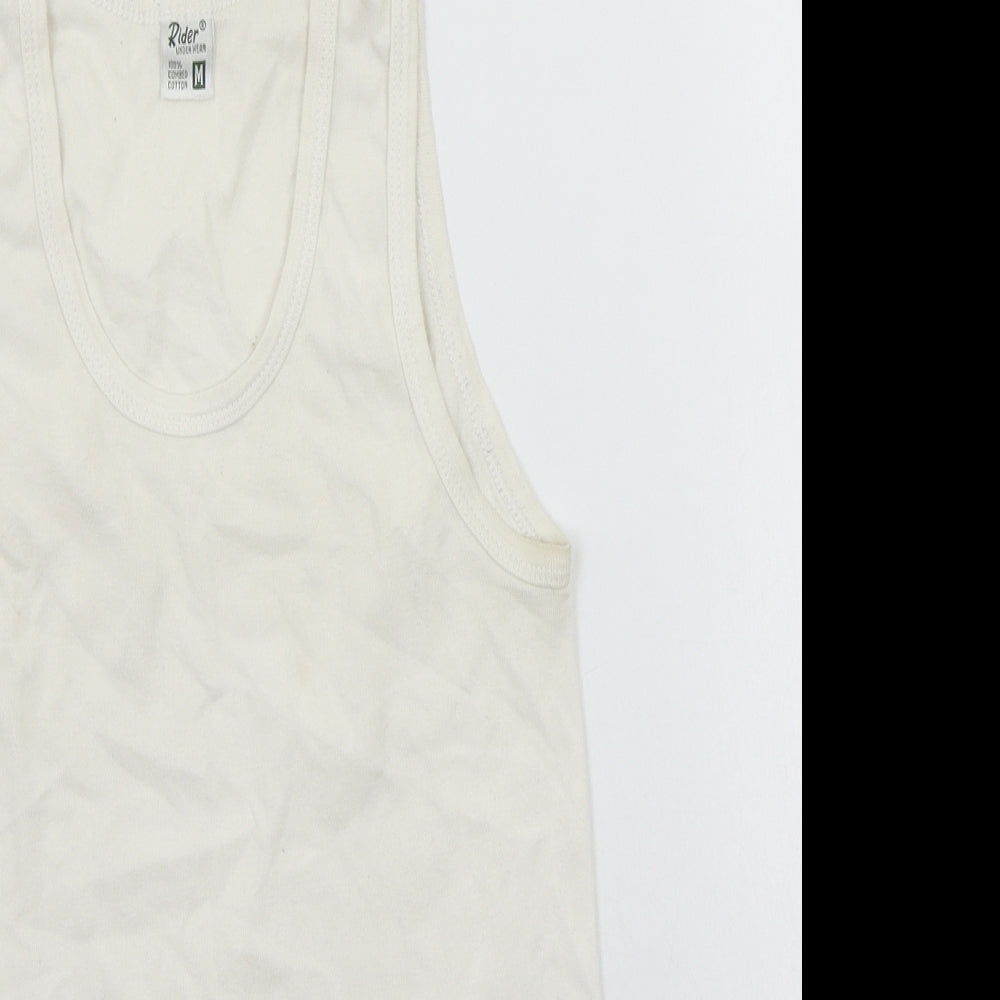 Close-up detail of Rider women’s white basic tank, size M