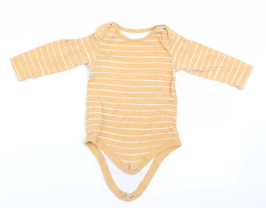 Front view of TU boys’ gold striped romper one-piece, size 3-6, months