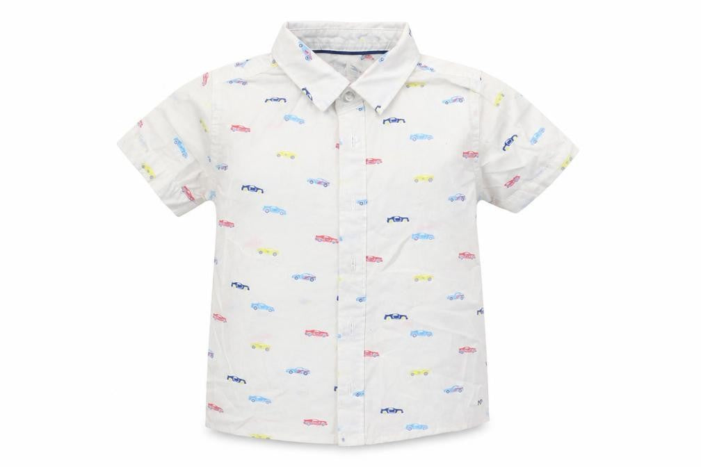 Front view of F&F boys’ white basic button-up, size 12-18, months - cars print