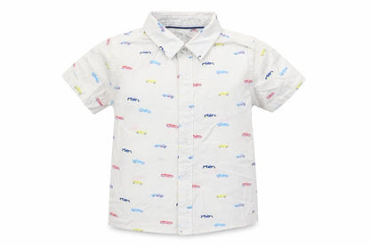 Front view of F&F boys’ white basic button-up, size 12-18, months - cars print