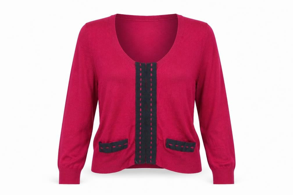 Front view of Sisley women’s red cardigan jumper, size L