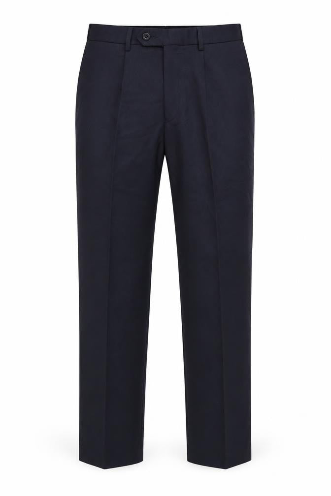 Front view of Preworn men’s blue dress pants trousers, size 34, in, 29-inch leg