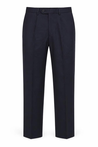 Front view of Preworn men’s blue dress pants trousers, size 34, in, 29-inch leg