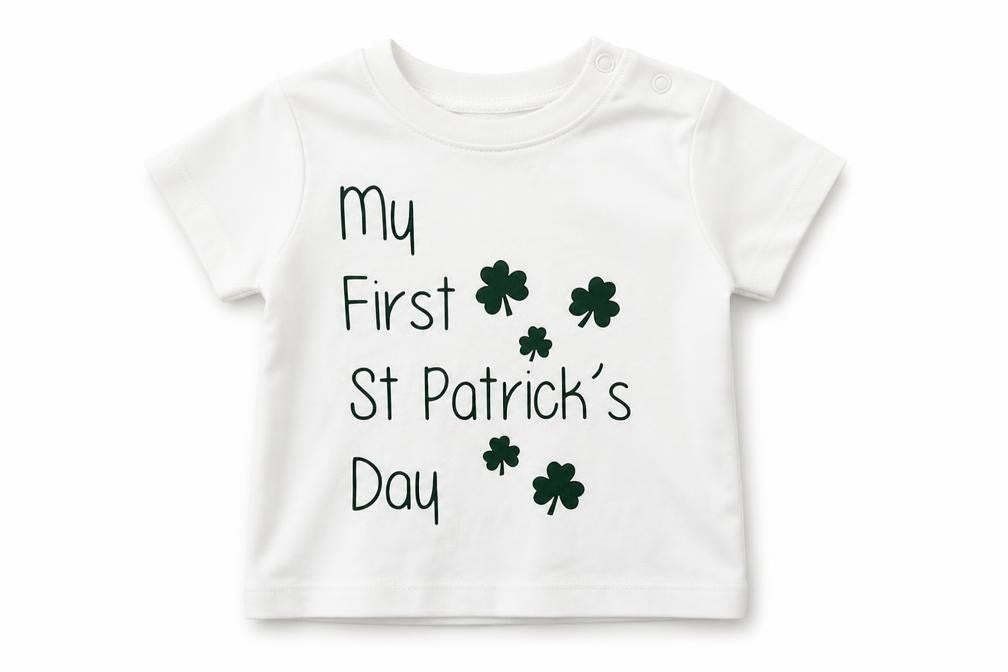 Front view of Babybugz Baby White Basic T-Shirt, size 6-9, Months - ST. PATRICK'S DAY