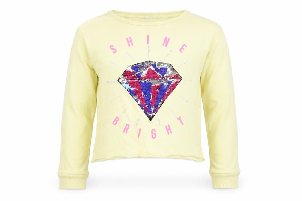 Front view of Candy Couture girls’ yellow pullover sweatshirt, size 13, years