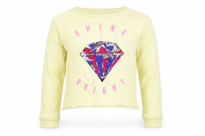 Front view of Candy Couture girls’ yellow pullover sweatshirt, size 13, years
