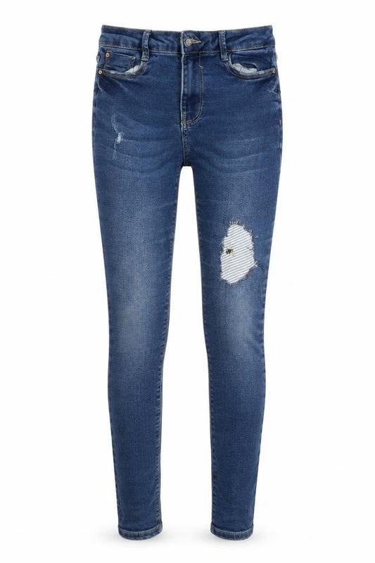 Front view of DENIM 365 women’s blue striped skinny jeans, size UK 10, 26-inch leg