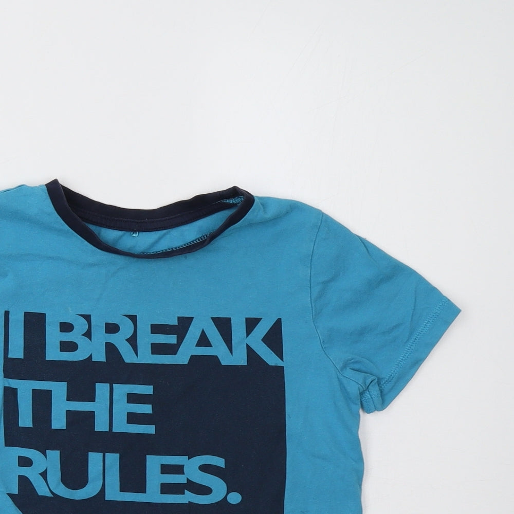 Close-up detail of George boys’ blue basic t-shirt, size 7-8, years - break the rules