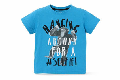 Front view of Matalan girls’ blue basic t-shirt, size 6-7, years - monkey