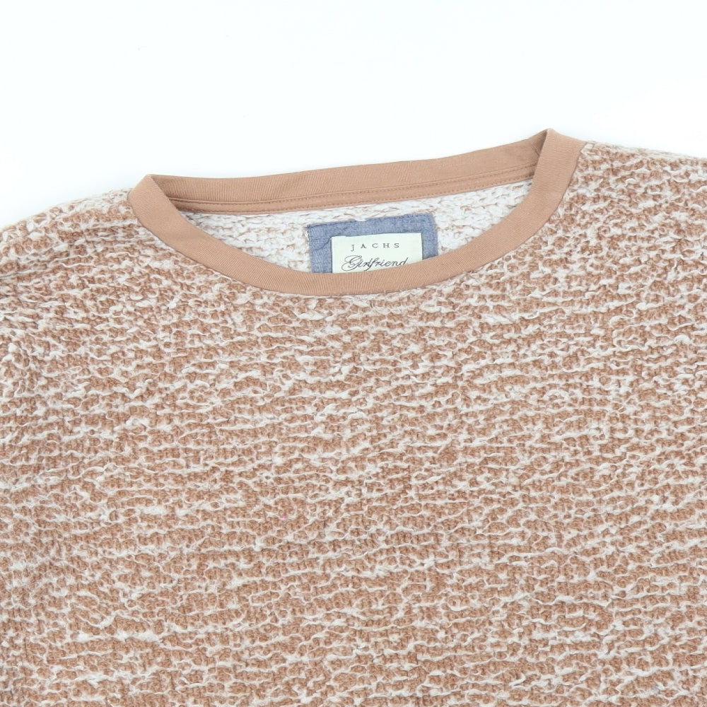 Close-up detail of JACHS women’s orange pullover sweatshirt, size M