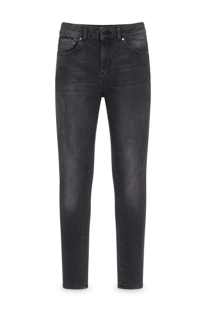 Front view of NEVER DENIM women’s black skinny jeans, size S, 31-inch leg