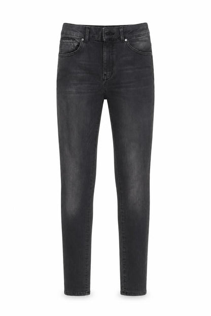 Front view of NEVER DENIM women’s black skinny jeans, size S, 31-inch leg