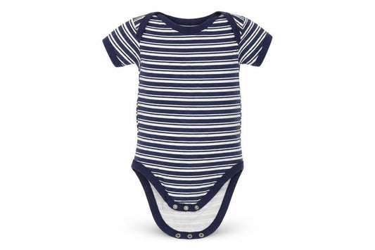 Front view of Matalan Baby Blue Striped Babygrow One-Piece, size 12-18, Months