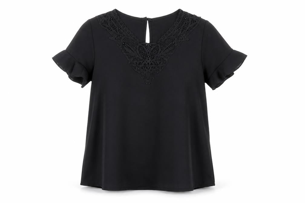 Front view of Contemplay women’s black basic t-shirt, size M