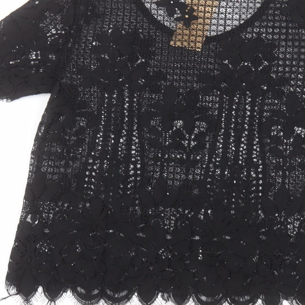 Brand and care label for Melya Melody women’s black basic t-shirt, size M