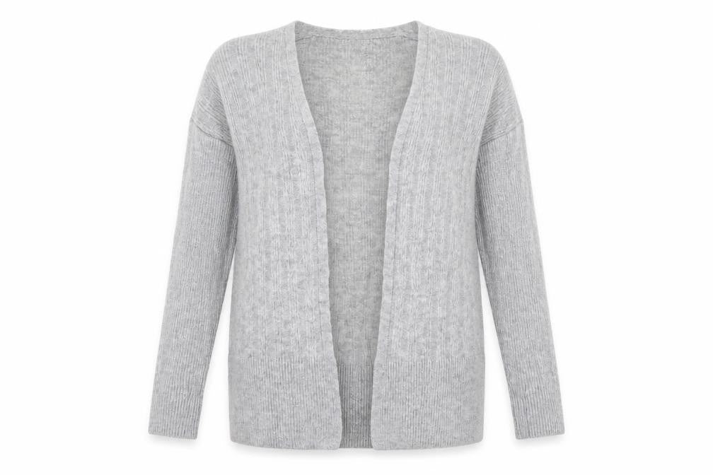 Front view of River Island women’s grey cardigan jumper, size UK 10