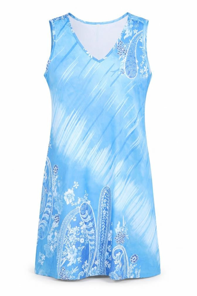 Front view of women’s blue tank dress, size M