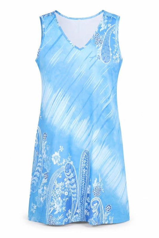 Front view of women’s blue tank dress, size M