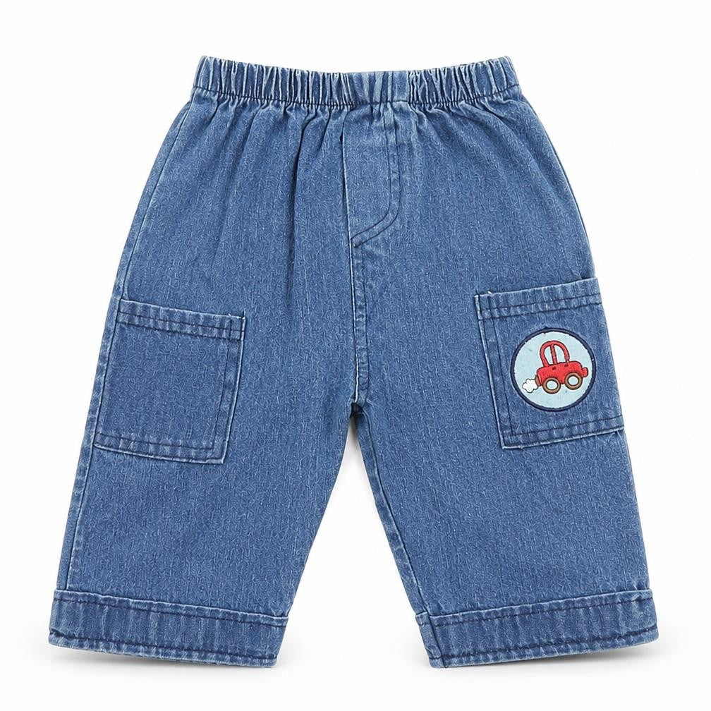 Front view of Baby C boys’ blue cargo jeans, size 6-9, months - car
