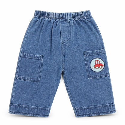 Front view of Baby C boys’ blue cargo jeans, size 6-9, months - car