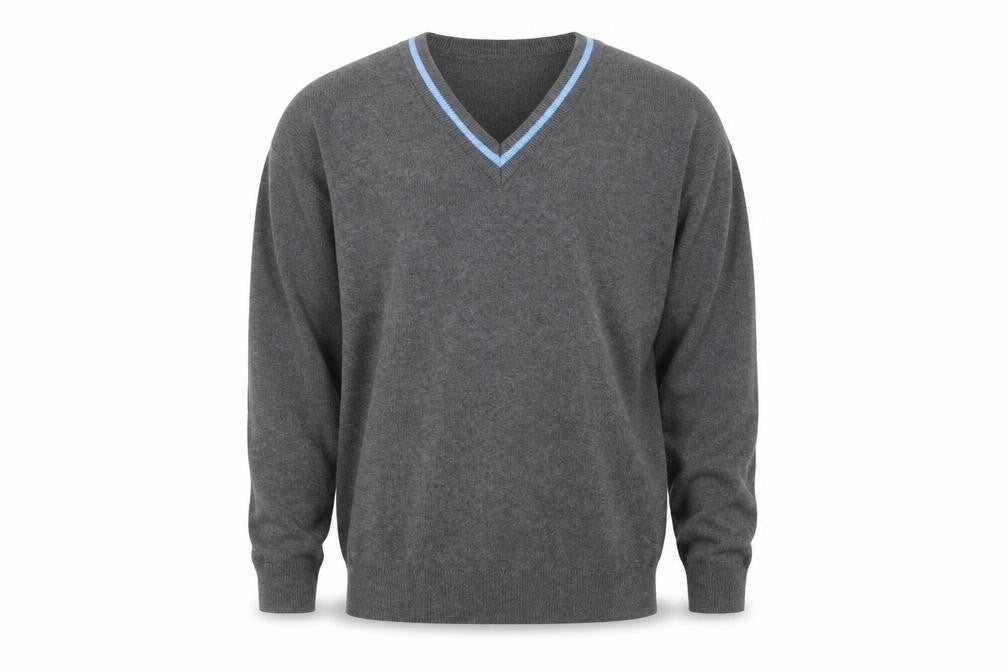 Front view of Magic Fit men’s grey knit jumper, size S