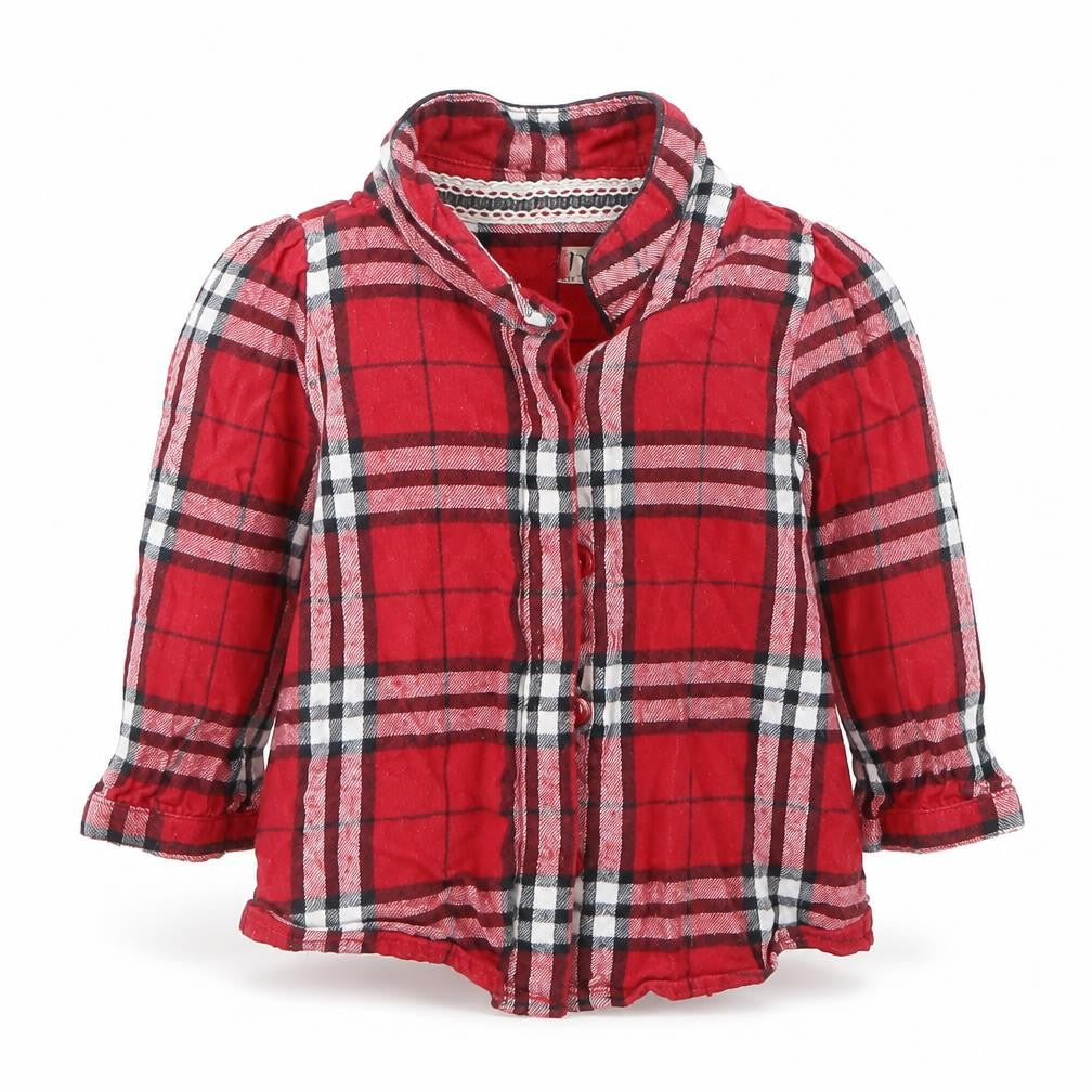 Front view of Next girls’ red check basic button-up, size 3-6, months