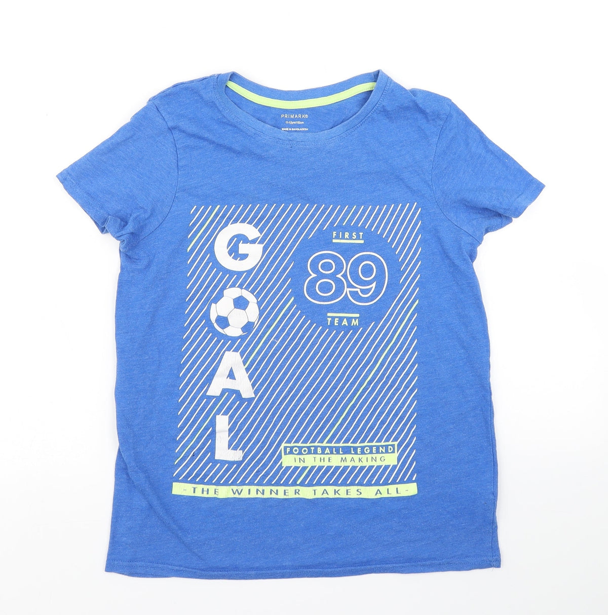 Front view of Primark boys’ blue basic t-shirt, size 11-12, years