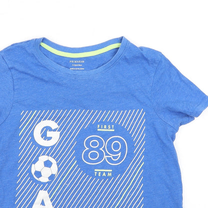 Close-up detail of Primark boys’ blue basic t-shirt, size 11-12, years