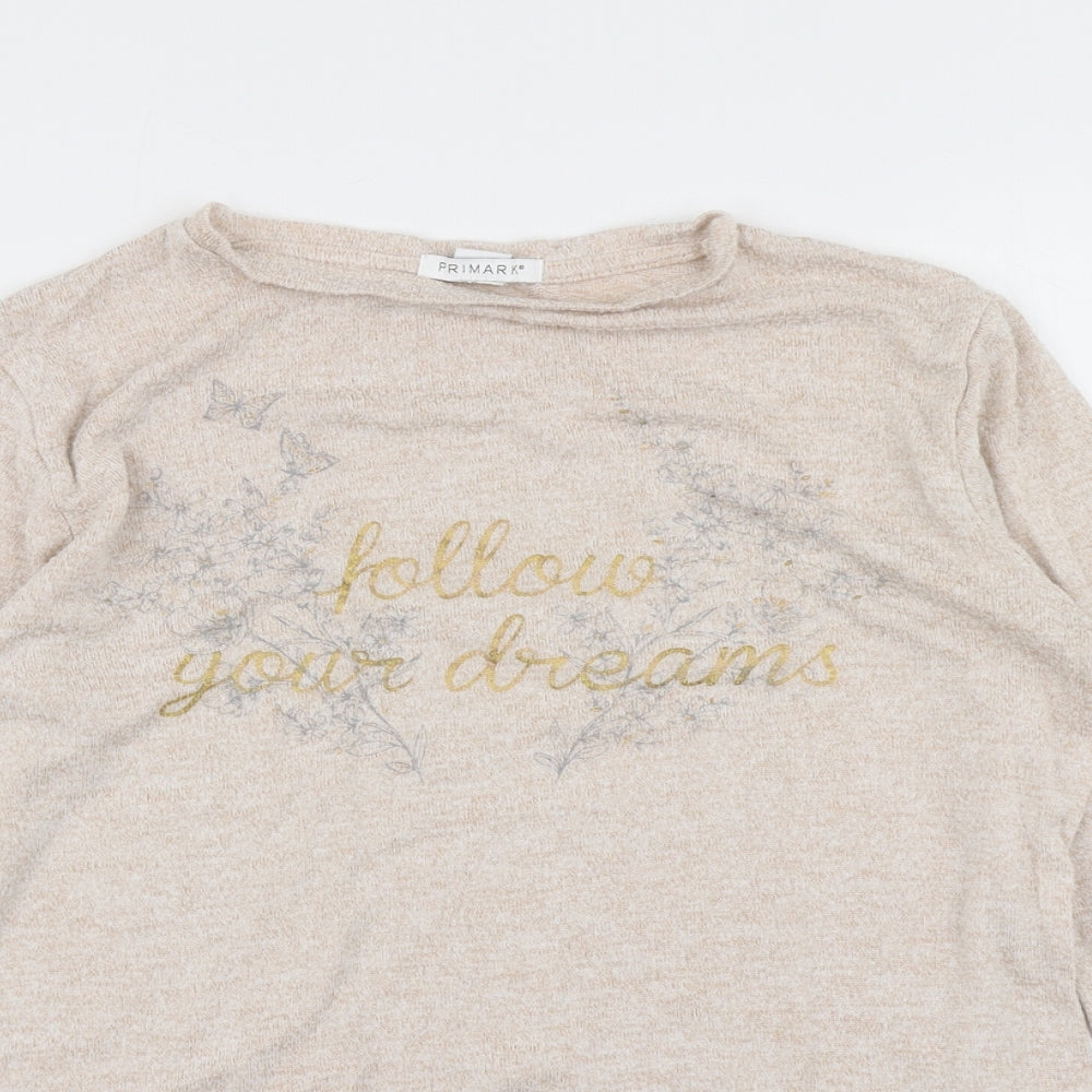 Close-up detail of Primark girls’ beige basic t-shirt, size 12-13, years