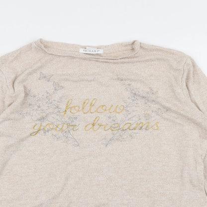 Close-up detail of Primark girls’ beige basic t-shirt, size 12-13, years