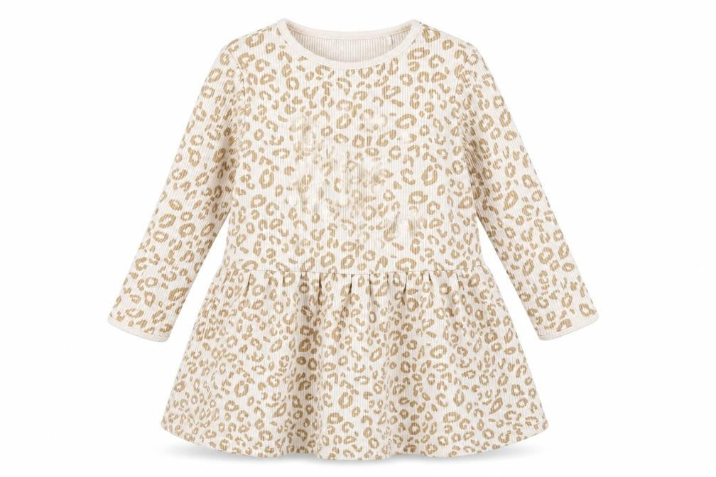 Front view of George girls’ beige animal print skater dress, size 2-3, years