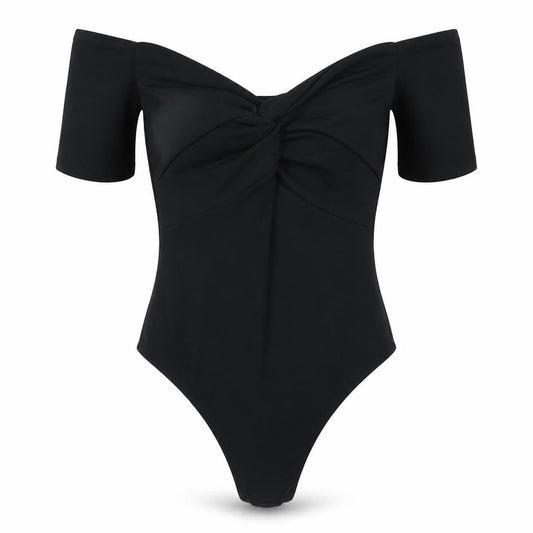 Front view of PRETTYLITTLETHING women’s black bodysuit one-piece, size UK 10