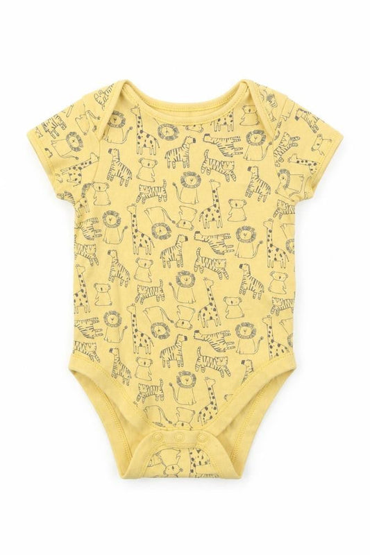 Front view of Primark Baby Yellow Animal Print Babygrow One-Piece, size 18, Months