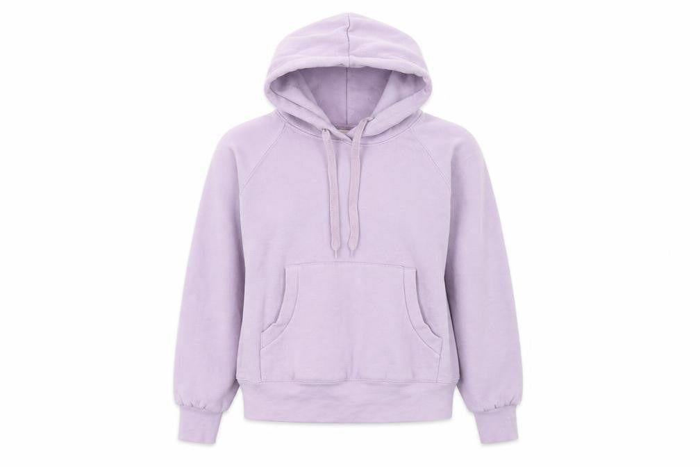 Front view of Lady Fit Hood women’s purple pullover hoodie, size S
