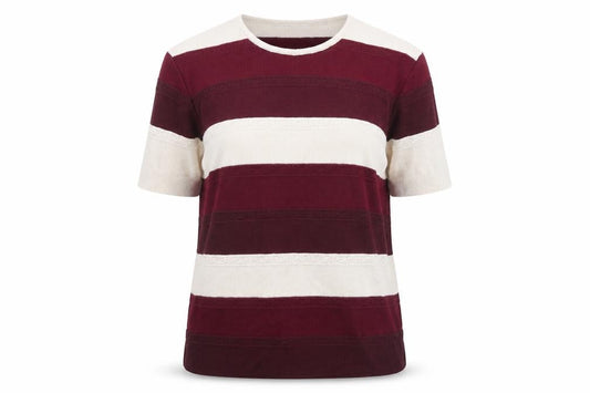 Front view of Berketex women’s purple striped basic blouse, size UK 14