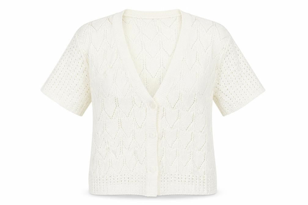 Front view of Preworn women’s ivory argyle/diamond cardigan jumper, size M