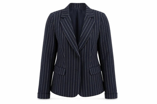 Front view of Libra women’s blue striped jacket blazer, size UK 10